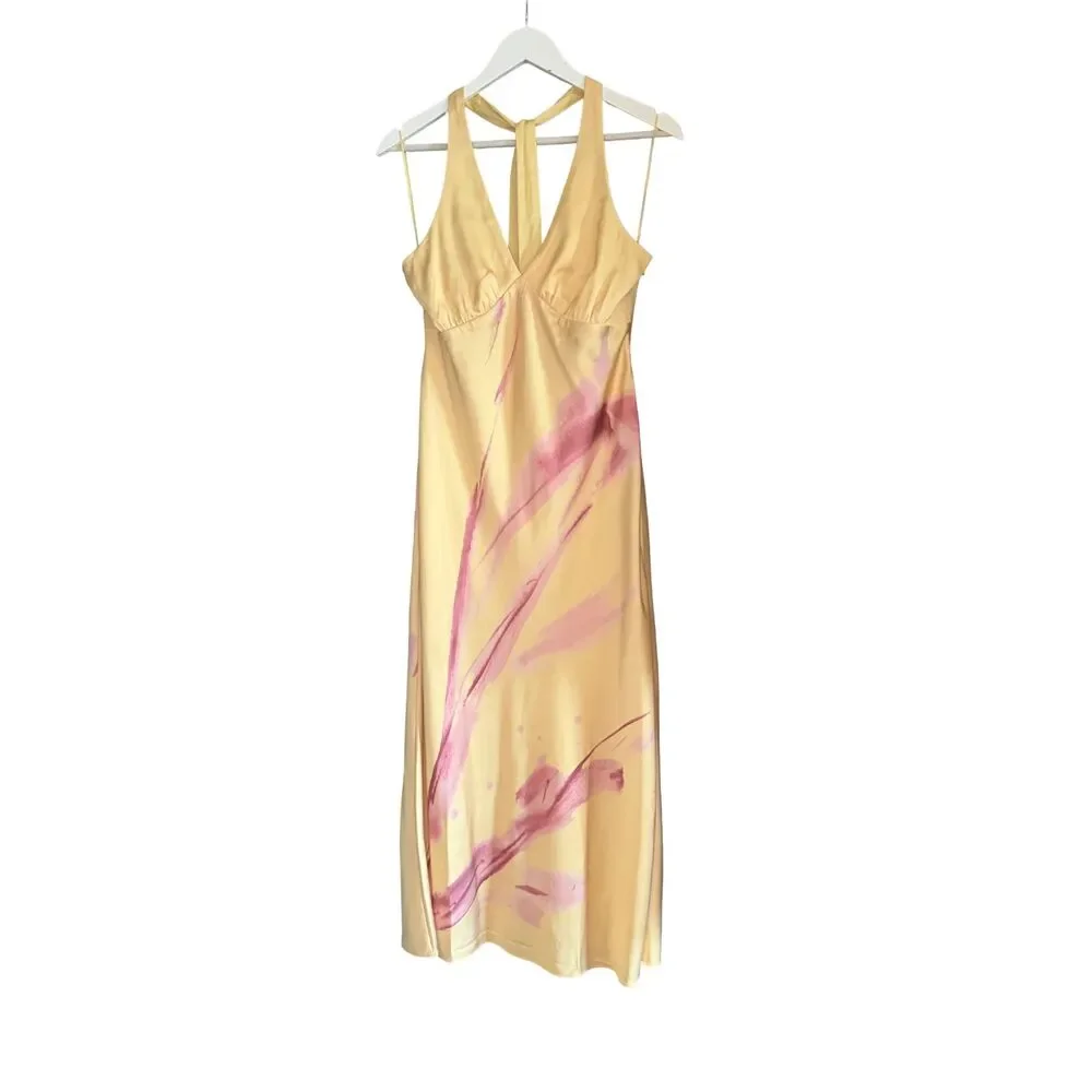 Abercrombie A&F Julia Slip Halter Maxi Dress Yellow Pink Floral NWOT Sz M Petite